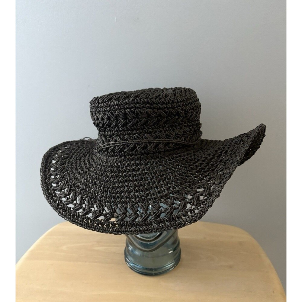 Scala Paper Crochet Floppy Hat Black Coastal Boho Beach Sun Summer Vacation
